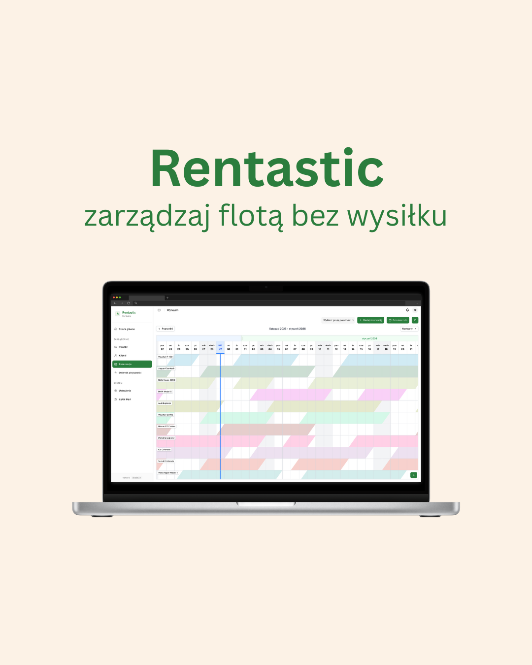 Rentastic - widok rezerwacji i kalendarza dostępności pojazdów