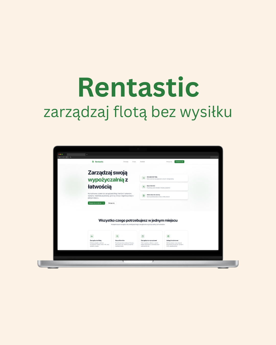 Rentastic - strona startowa aplikacji z przeglądem funkcji zarządzania wypożyczalnią